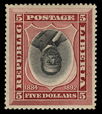 LIBERIA (49a) 1892-96 President Johnson, $5 carmine and black, center inverted, well centered, h.r., v.f., cat. $400