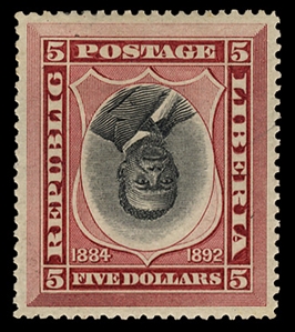 LIBERIA (49a) 1892-96 President Johnson, $5 carmine and black, center inverted, well centered, h.r., v.f., cat. $400