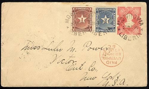 LIBERIA 1894 5c stationery entire envelope, additionally franked with 1c and 2c Star Issue, sent via Liverpool to New York, with red transit and arrival pmks on reverse, v.f.