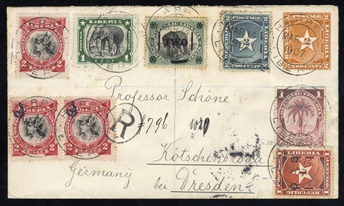 LIBERIA 1902 registered 2c stationery entire, additionally franked and sent from Harper to Germany, v.f., with Kotschenbroda arrival