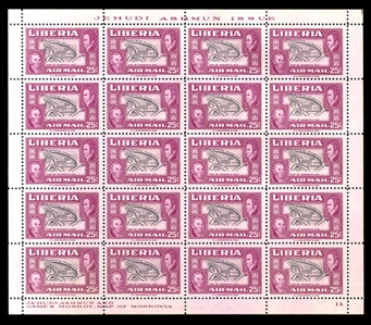 LIBERIA (334,335,337,C68var) 1952 3c purple and green (Harper), 4c brown and green (Marshall), 10c orange and blue (Roberts), plus 25c lilac rose and black (Monroe), four different, centers...