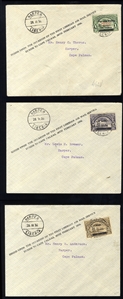 LIBERIA  Air Post (C1-3) 1936 surcharges, set of three, each used on a separate flown cover (Feb 28) from Monrovia to Harper, filing folds and some toning on back, each signed Irwin Heiman, etc.,...