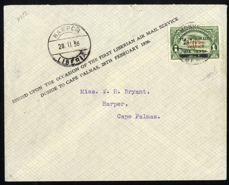 LIBERIA Air Post (C3) 1936 6c on 1c green, used on flown cover (Feb 28) from Monrovia to Harper, v.f., signed Bloch, cat. $275