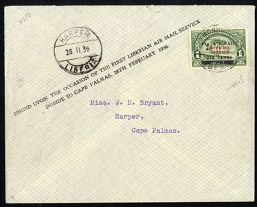 LIBERIA Air Post (C3) 1936 6c on 1c green, used on flown cover (Feb 28) from Monrovia to Harper, v.f., signed Bloch, cat. $275