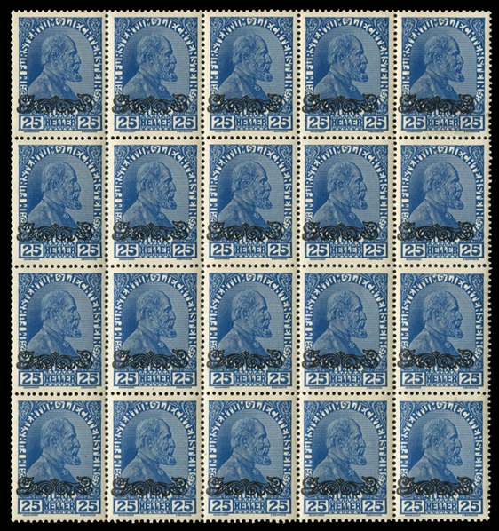 LIECHTENSTEIN (11-16) 1920 surcharges, set of 6, all in blocks of twenty, n.h., v.f., cat. $1,420