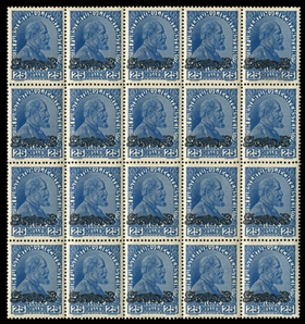 LIECHTENSTEIN (11-16) 1920 surcharges, set of 6, all in blocks of twenty, n.h., v.f., cat. $1,420