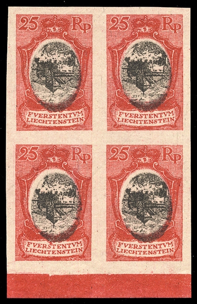 LIECHTENSTEIN (63Pvar) 1921 25rp rose red and black, plate proof on thin card, center inverted, bottom sheet margin block of four, v.f., with  2007 Peter Marxer cert.  A rare multiple (Mi.54P)