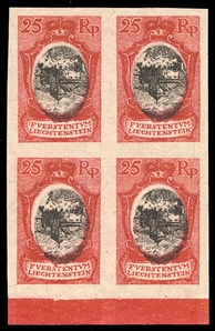 LIECHTENSTEIN (63Pvar) 1921 25rp rose red and black, plate proof on thin card, center inverted, bottom sheet margin block of four, v.f., with  2007 Peter Marxer cert.  A rare multiple (Mi.54P)