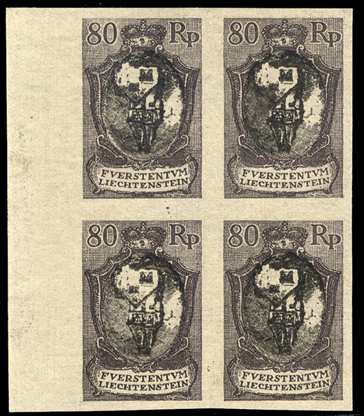 LIECHTENSTEIN (68var) 1921 80rp dark violet and black, trial color plate proof on thin card, center inverted, left margin block of four, v.f.
