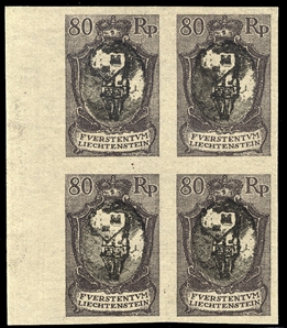 LIECHTENSTEIN (68var) 1921 80rp dark violet and black, trial color plate proof on thin card, center inverted, left margin block of four, v.f.