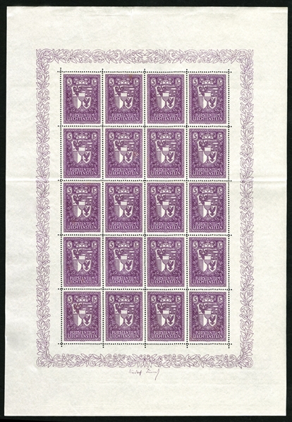 LIECHTENSTEIN (114,130-131) 1933-35 2fr Elsa, 3fr Francis and 5fr Arms, etc., three diff. sheets of 20, folded between stamps, n.h., fine-v.f. (Mi.140-42, Euro 20,000)