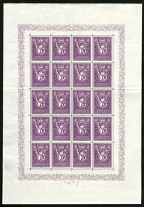 LIECHTENSTEIN (114,130-131) 1933-35 2fr Elsa, 3fr Francis and 5fr Arms, etc., three diff. sheets of 20, folded between stamps, n.h., fine-v.f. (Mi.140-42, Euro 20,000)