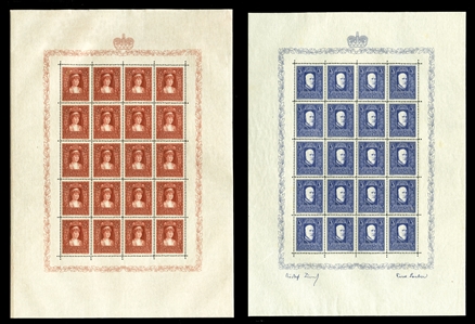 LIECHTENSTEIN (114,130-131) 1933-35 2fr Elsa, 3fr Francis and 5fr Arms, etc., three diff. sheets of 20, folded between stamps, n.h., fine-v.f. (Mi.140-42, Euro 20,000)
