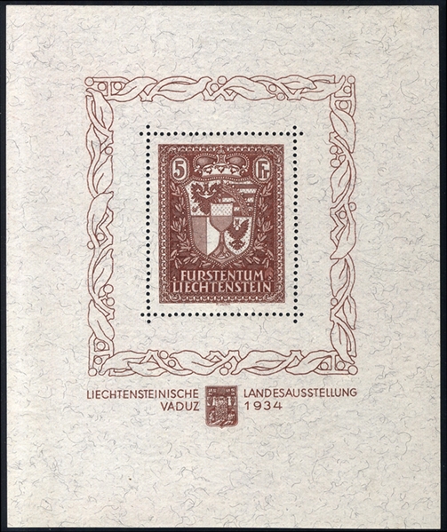LIECHTENSTEIN (115) 1934 Vaduz souvenir sheet, l.h. and post office fresh, v.f., cat. $1,400