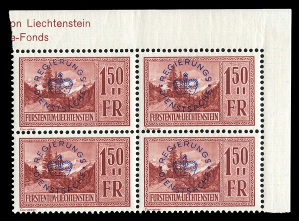 LIECHTENSTEIN Officials (O11-20) 1934-36 Issue, complete set of 10 blocks of four, n.h., v.f., cat. $1,432