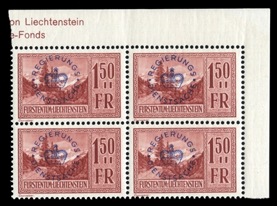 LIECHTENSTEIN Officials (O11-20) 1934-36 Issue, complete set of 10 blocks of four, n.h., v.f., cat. $1,432