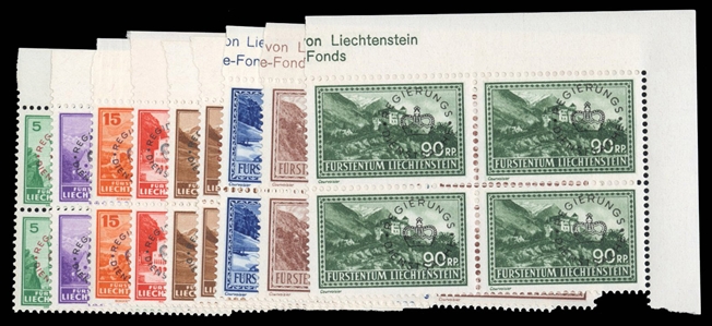 LIECHTENSTEIN Officials (O11-20) 1934-36 Issue, complete set of 10 blocks of four, n.h., v.f., cat. $1,432