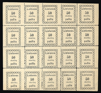 LITHUANIA (6-8) 1918 30sk, 40sk and 50sk, sheets of 20 (5x4), unused without gum as issued (mostly n.h.), showing varieties inverted "h" for "u", inverted "n" for "u", missing "i" in...