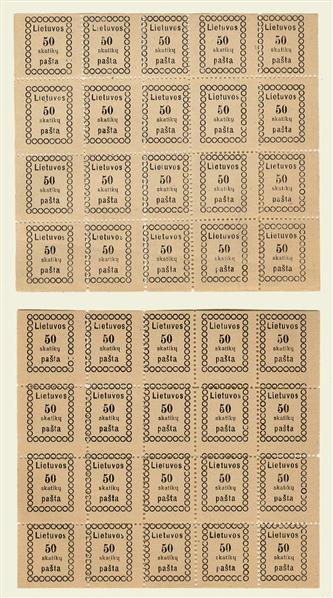LITHUANIA (8) 1918 50sk black, two sheets  of twenty, each with perforations slightly shifted, unused without gum as issued, few natural inclusions, fine-v.f., one signed Dr.P.Jem, cat. $1,600