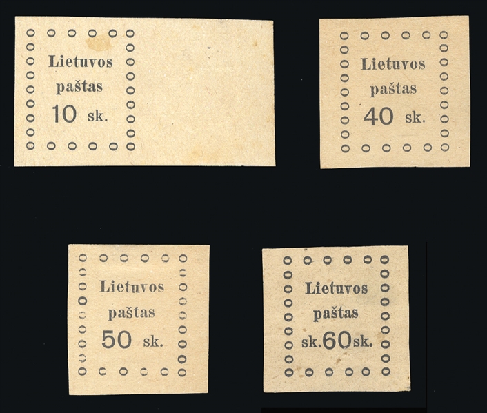 LITHUANIA (13,17-19var) 1919 10sk, 40sk, 50sk, 60sk imperforate singles, unused without gum as issued, last one minor stains or inclusions, sold as is (Lithuanian Handbook 13a,17a-19a)