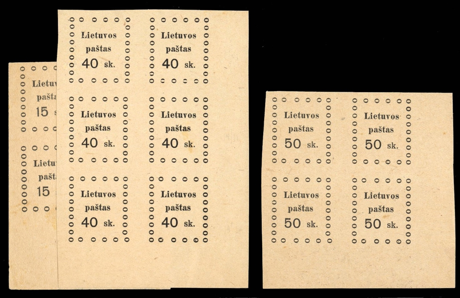 LITHUANIA (14,17-18var) 1919 15sk and 50sk, imperf. sheet margin blocks of four, also 40sk imperf. corner sheet margin block of six, unused without gum, few light stains, fine-v.f