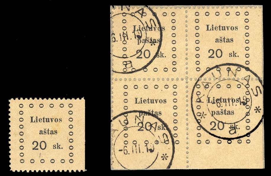 LITHUANIA (15a) 1919 20sk block of four, upper right variety "astas" for "Pastas", used on piece, also unused variety, fine-v.f.