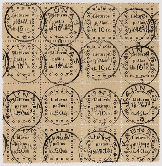 LITHUANIA (20-21,24-25) 1919 10sk, 20sk, 40sk and 50sk, se-tenant pane of 16, Kaunas cancels, fine-v.f., signed Ebel