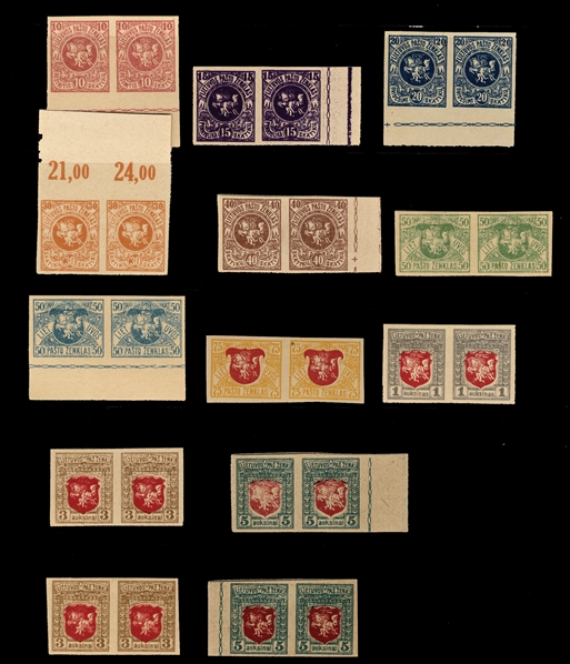 LITHUANIA (30-39P) 1919 imperf. horizontal pairs, proofs on unwatermarked paper, complete set of horizontal pairs, also additional pair of 50c blue green, plus 3auk and 5auk, each with double...