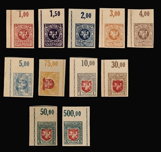 LITHUANIA (30-39P) 1919 imperf. top sheet margin plate number singles, proofs on unwatermarked paper, complete set of 10, plus additional shade of top value, v.f.