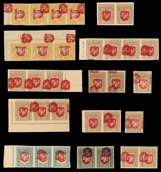 LITHUANIA (36,38,39P) 1919 75c yellow and red (7), 3auk brown & carmine (18), 5auk green & carmine (5), total of 33 imperf. varieties, double centers, double centers/one inverted, also double...