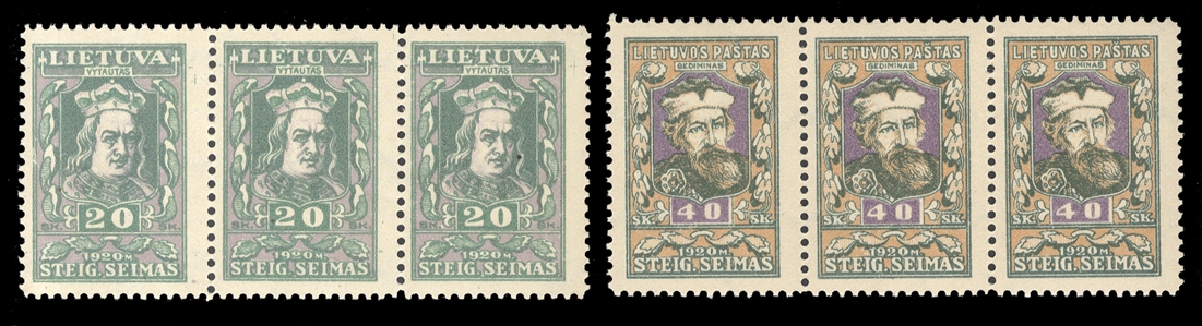 LITHUANIA (92,92A) 1920 20sk and 40sk, horizontal strips of three, n.h., usual gum, fine-v.f., cat. $900