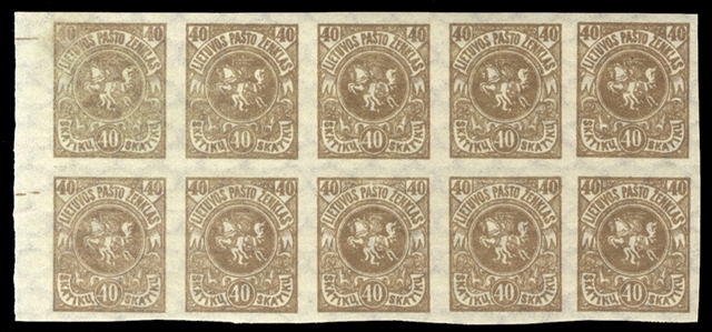 LITHUANIA (95-96a) 1920 20sk and 40sk, imperf. sheet margin blocks of ten, n.h., v.f.