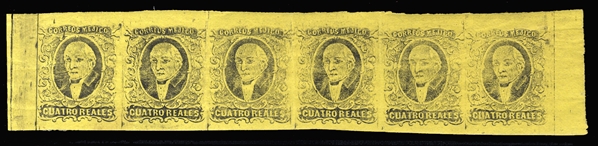 MEXICO (9b) 1861 4r black on yellow, without overprint, horizontal strip of six, pos. 43-48, dry print at right, pos. 1-5 have re-entries in the mouth or label, one stamp n.h., balance l.h. or...
