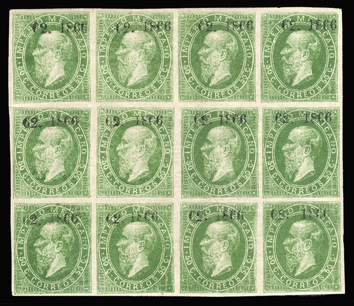 MEXICO (30) 1866 50c green, overprinted "62-1866" (Orizava), without district name, block of 12, four stamps n.h., balance l.h., middle right stamp with small tear and marginal scissors...