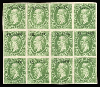 MEXICO (30) 1866 50c green, overprinted "62-1866" (Orizava), without district name, block of 12, four stamps n.h., balance l.h., middle right stamp with small tear and marginal scissors...