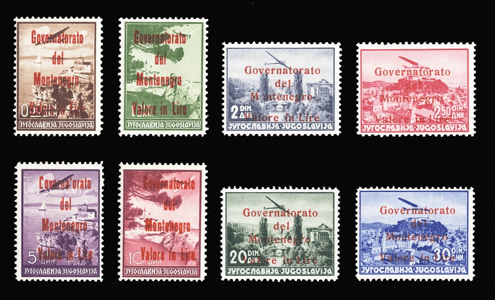 MONTENEGRO Issued under Italian Occupation Air Post (2NC10-17var) 1942 50p-30d, red overprint, complete set, n.h., fine-v.f., signed Bloch, Stolow, etc., scarce in exceptional quality (Sass.PA...