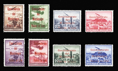 MONTENEGRO Issued under Italian Occupation Air Post (2NC10-17var) 1942 50p-30d, red overprint, complete set, n.h., fine-v.f., signed Bloch, Stolow, etc., scarce in exceptional quality (Sass.PA...