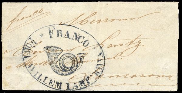NETHERLANDS COLONIES Netherlands Indies 1865 small outer FL endorsed "Franco", also bearing an ornamental "Franco Fort Willem" and posthorn cachet, filing fold, otherwise fine