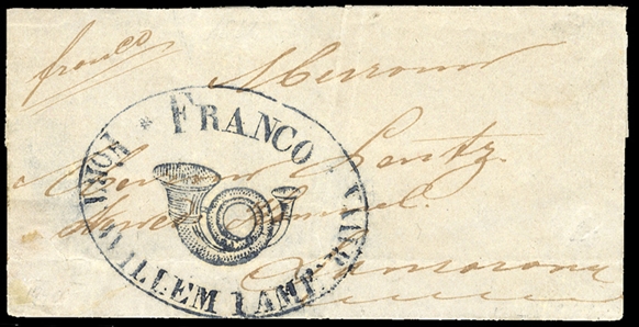 NETHERLANDS COLONIES Netherlands Indies 1865 small outer FL endorsed "Franco", also bearing an ornamental "Franco Fort Willem" and posthorn cachet, filing fold, otherwise fine