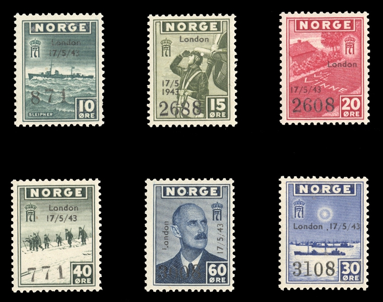 NORWAY (261-266var) 1943 London overprints, set of six, l.h., fine-v.f., cat. $1,000