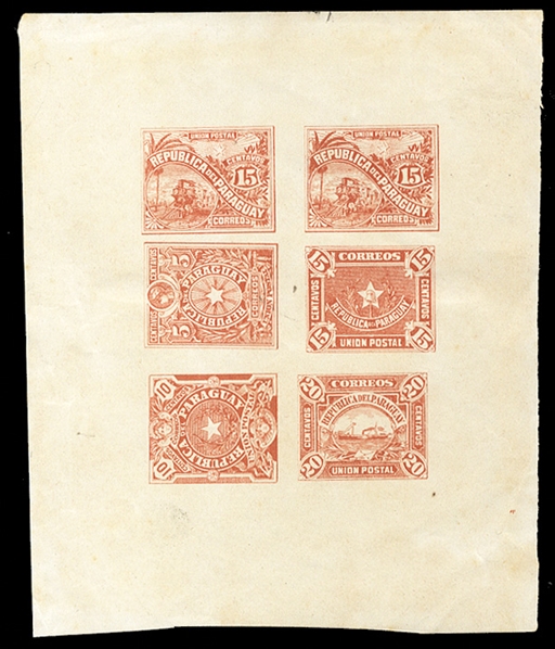 PARAGUAY Officials (O1/7P) 1886 four different imperf. composite sheetlets in red brown, blue, purple, orange, plate proofs on card or wove paper, some wrinkles, mostly fine
