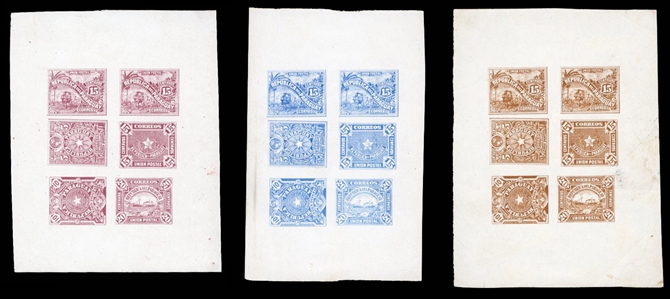 PARAGUAY Officials (O1/7P) 1886 four different imperf. composite sheetlets in red brown, blue, purple, orange, plate proofs on card or wove paper, some wrinkles, mostly fine