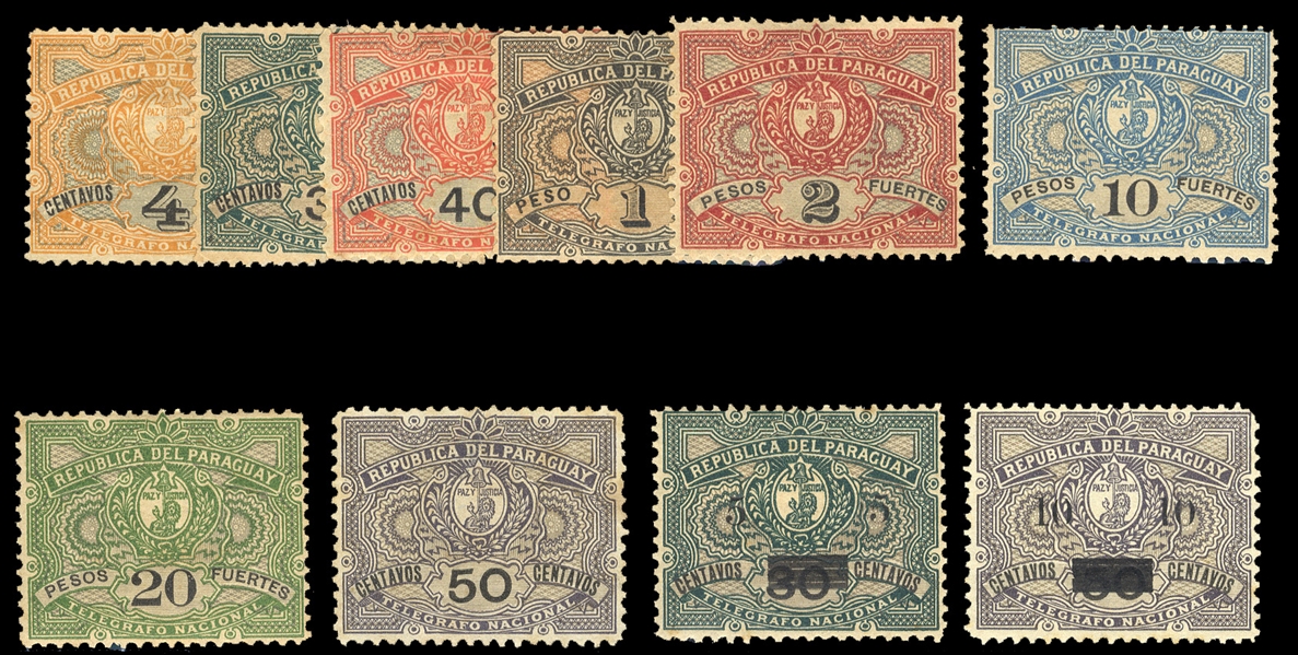 PARAGUAY Telegraph Stamps (YT 2-9) 1892-1902 4c-20peso complete, also surcharges 5c on 30c and 10c on 50c, mostly without gum, 50c with slight toning, otherwise fine, rare, €1,450
