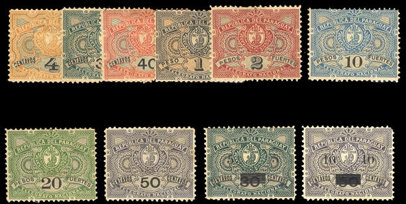 PARAGUAY Telegraph Stamps (YT 2-9) 1892-1902 4c-20peso complete, also surcharges 5c on 30c and 10c on 50c, mostly without gum, 50c with slight toning, otherwise fine, rare, €1,450