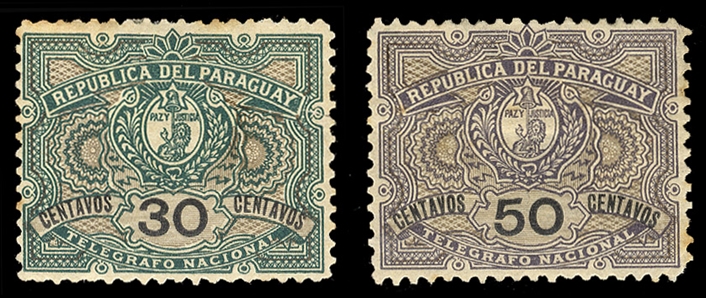 PARAGUAY Telegraph Stamps (YT 3,5) 1892 30c green and 50c violet, heavy h.r., 50c thin, some faint perf. toning, otherwise fine and rare, signed Diena, €1,360