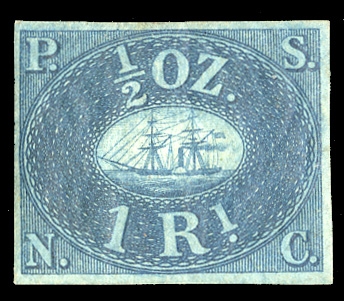 PERU (1) 1857 1r blue, l.h., full margins all around, fresh color, v.f., with 2004 Behr certificate, cat. $1,700