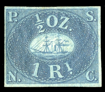 PERU (1) 1857 1r blue, l.h., full margins all around, fresh color, v.f., with 2004 Behr certificate, cat. $1,700