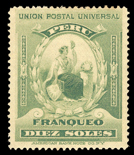 PERU (159) 1899 U.P.U. 10s blue green, l.h., usual dried gum, fine, cat. $850