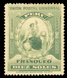 PERU (159) 1899 U.P.U. 10s blue green, l.h., usual dried gum, fine, cat. $850