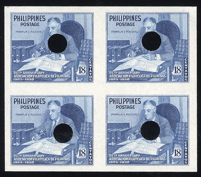 PHILIPPINES (542-44P) 1950 Roosevelt, imperf. and gummed blocks of four, each stamp with gum and security punch, v.f.
